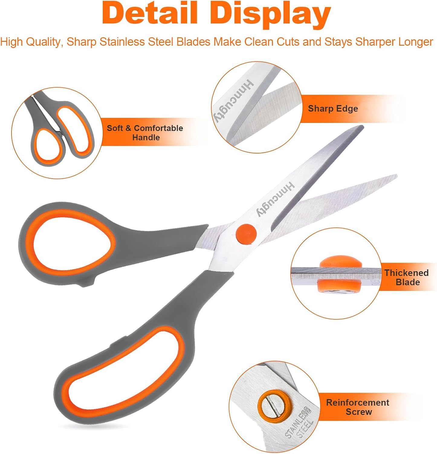 Scissors for Office School Supplies, Hnncugty 8" Scissors All Purpose Bulk Set of 6-Pack, Sharp Shears for Home Craft Sewing Fabric Middle School Student Teacher Supplies, Comfort Right/Left Handed - Image 4