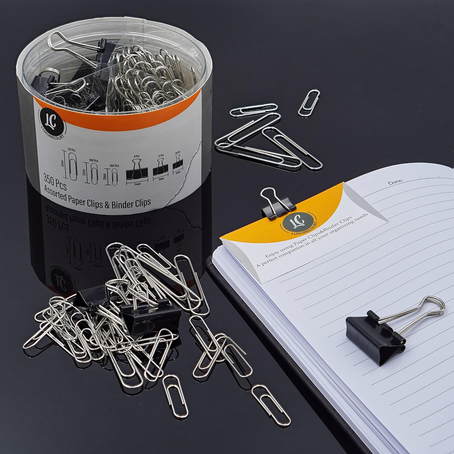 350 Pack Paper Clips and Binder Clips Set by Luxurecourt - Binders & Paperclips Assorted Sizes in Container with Compartments, Silver Paper Clips & Black Binder clips for Home, School, Office Supplies - Image 3