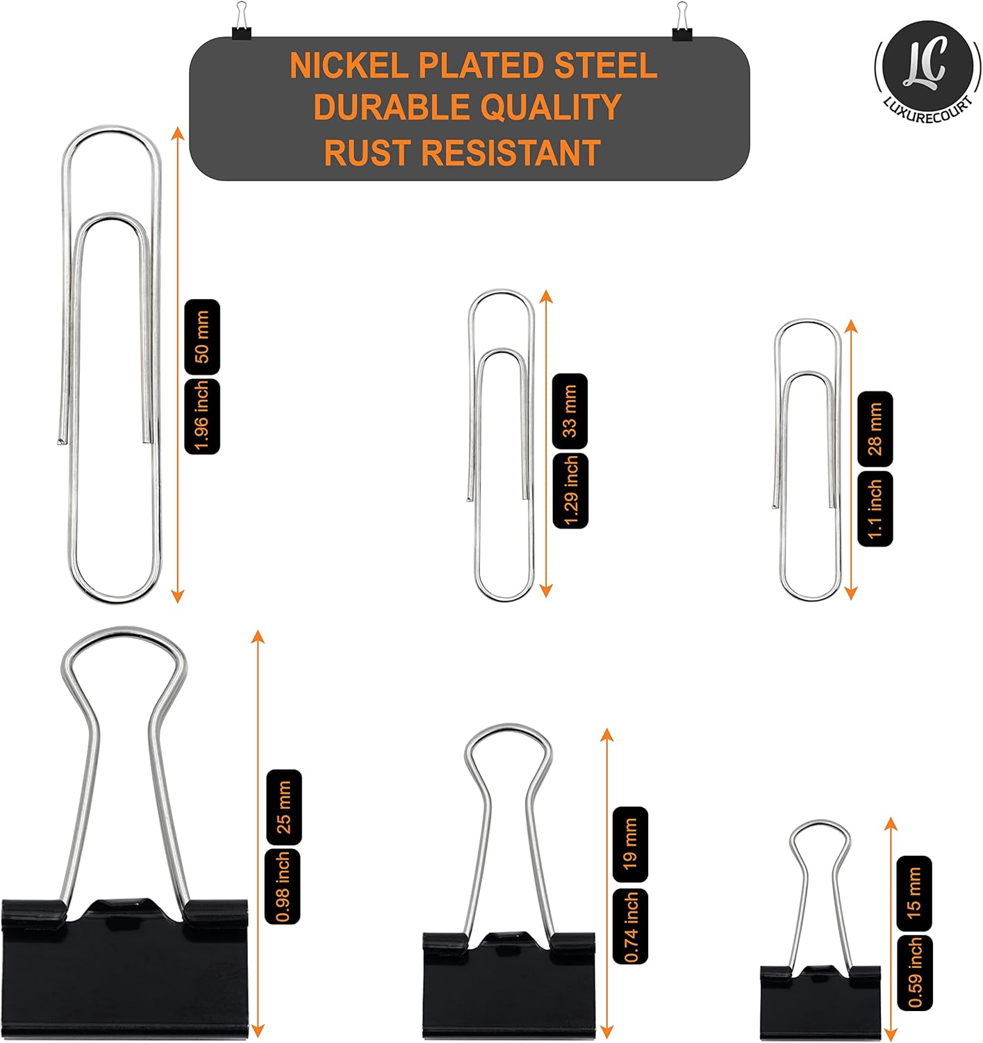 350 Pack Paper Clips and Binder Clips Set by Luxurecourt - Binders & Paperclips Assorted Sizes in Container with Compartments, Silver Paper Clips & Black Binder clips for Home, School, Office Supplies - Image 4